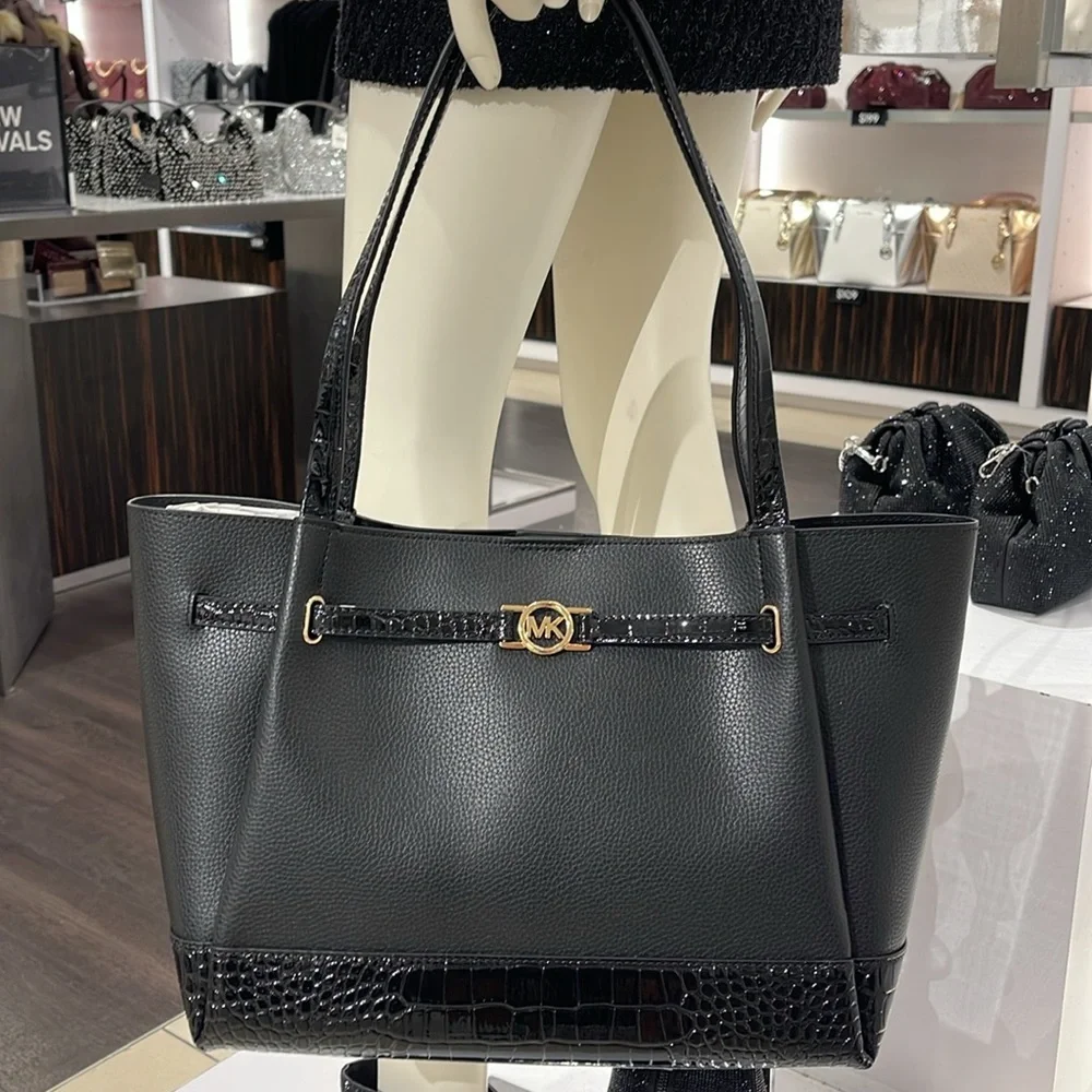 MICHAEL KORS Reed Lg Lthr Belted Satchel Shoulder Handbag  Black Crocodile  NWT